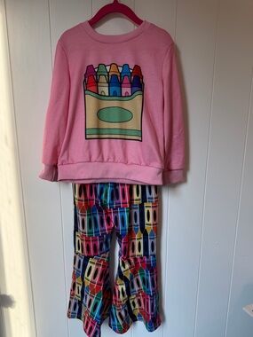 Pink Crayon-Box Graphic Pajama Set with Multi-Colored Pants